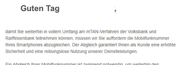Phishing Mail Sicheres Online Banking Volksbank Raiffeisenbank
